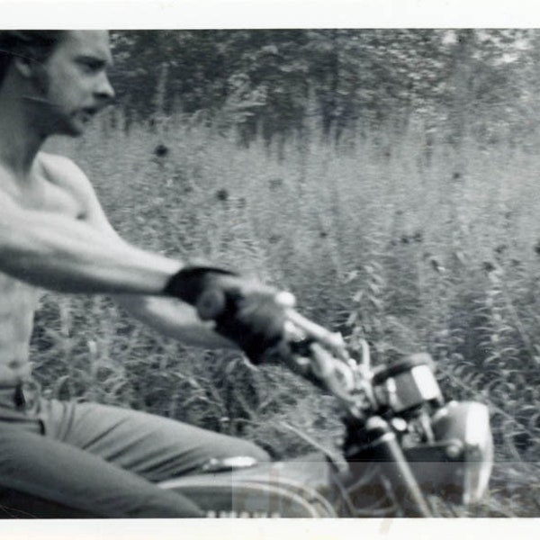 vintage photo 1968 Mustache SHirtless Muscle Man Dirt Bike Riding Yamaha motorcycle14 O