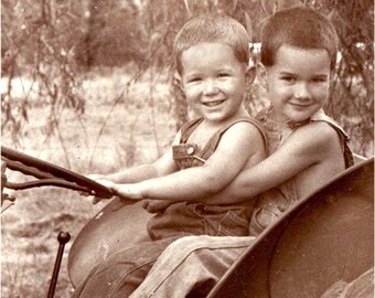 Barefoot Boys in Overalls on Tractor Vintage Photo Print
