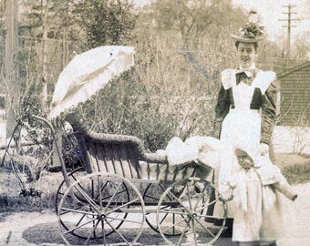 vintage photo 1900 Mary Poppins Nanny w Baby & Wicker Pram w Umbrella 58 A