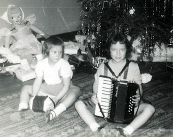 vintage photo 1954 Mary w Accordion Peggy w Concertina Christmas Day 61 Q