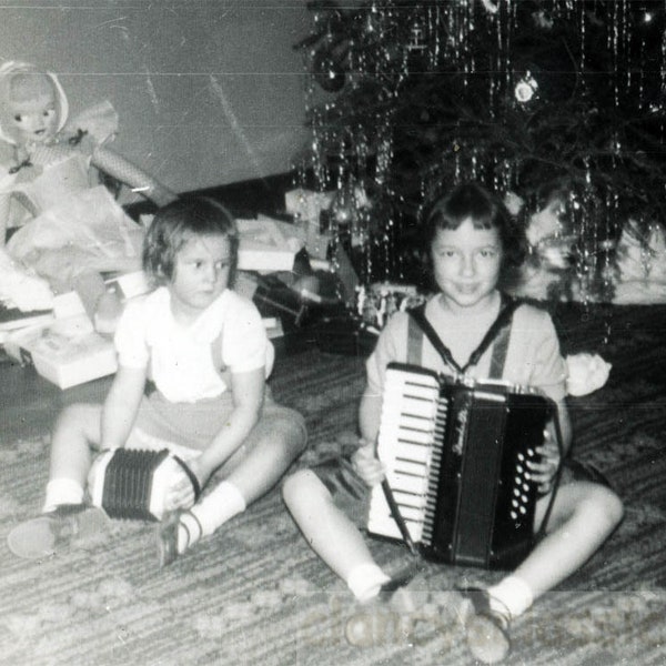 vintage photo 1954 Mary w Accordion Peggy w Concertina Christmas Day 61 Q