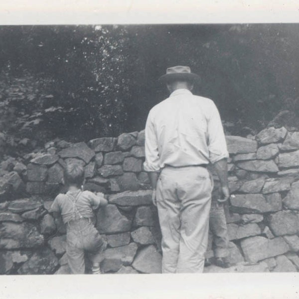 vintage photo 1940s Man Boys from Back FAce Rock Wall Unusual