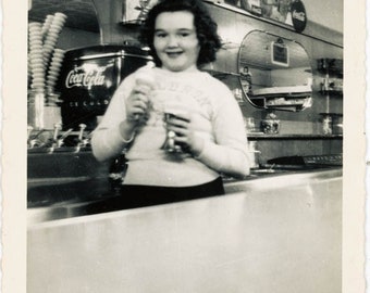 vintage photo 1955 Little Girl Eating Ice Cream Cone at Soda Fountain Coca Cola 49 W