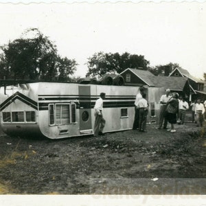 vintage photo 1951 After the Tornado Disaster Aluminum Mobile Home upside Down Polaroid 54 K