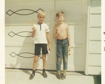 vintage photo 1968 Boys w Midget Race Cars Popsicles Summer Best Friends Color Snapshot 44 G