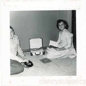 Vintage photo 1962 Girl and Boy Play 45 RPM Records on the Record Player69 I