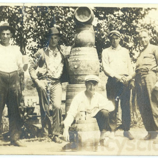 vintage photo 1920 Fiver Men & Fiver Barrels of Whiskey or Beer  8V