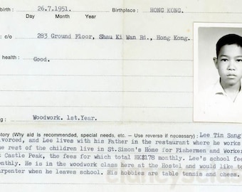 1965 Unión Internacional de Bienestar Infantil Hong Kong Documento de patrocinio Lee Sang 11 M