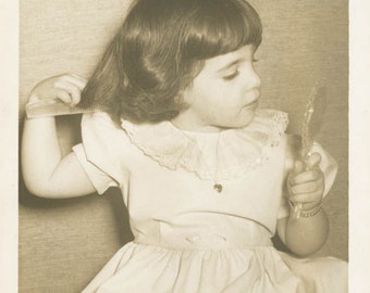 vintage photo 1946 Little Girl Combing Her Hair Looks in Mirror 41 H