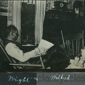 Vintage Snapshot 1920 Father Still in Work Overalls REads Paper Daughter Mildred w Dolls 70 O