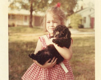 Foto antigua de 1968: Niña con vestido rojo a cuadros sostiene un cachorro de caniche negro. 65 Z