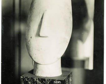 Fotografía antigua de la década de 1950: Figura femenina de arte cicládico, cabeza Ma 3095, Museo del Louvre, 5x7 pulgadas.