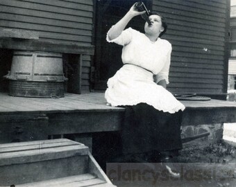 Vintage Snapshot 1924 Miss Damn But the Damn Bottle Was Empty Young Lady Drinks Up on Porch41 R