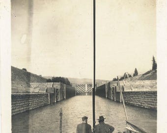 Vintage 1920 Men on Boat Passing the Cascade Locks on Columbia River Oregon45 B