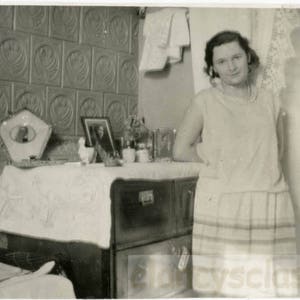 vintage photo 1939 Russian Girl Arms Behind Back Her Room Bedroom Boudoir Dresser