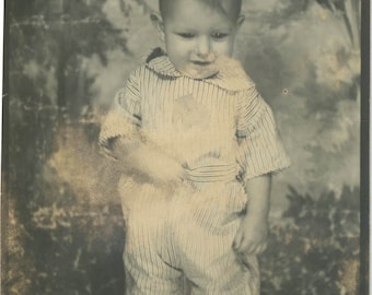 Vintage Snapshot 1944 Little Boy Stands up in Photo Booth Arcade in overalls 9L
