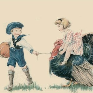Vintage Thanksgiving Day Children Ride Turkey Fine Art Photographic ...