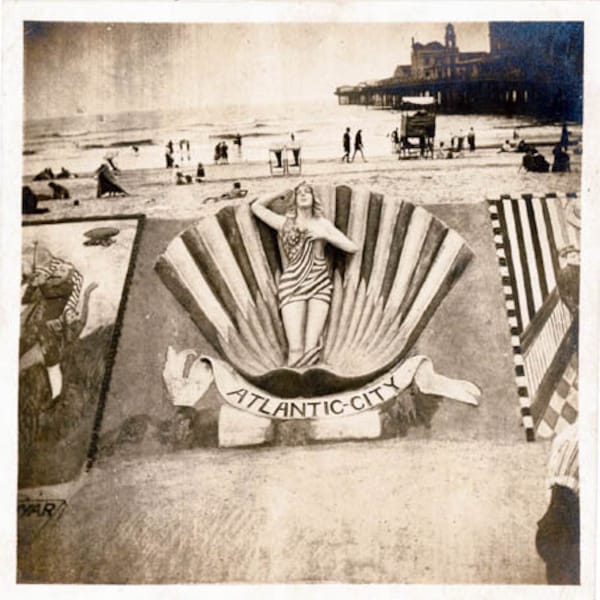 Atlantic City NJ Sand Sculpture Lady Liberty in Shell Stars and Stripes Flag Greeting Card