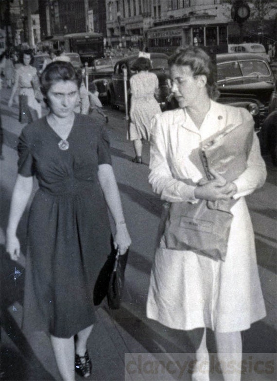 Vintage Photo 1950 Women Walking Downtown Shopping Sidewalk