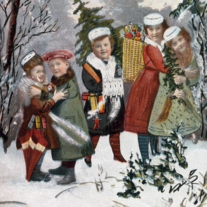 vintage Postcard Christmas Folk art Style Children with Holiday Packages Denmark Danish