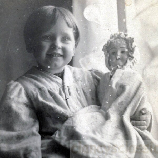 vintage photo 1912 Baby Gertrude Holding her FAshion Doll41 G