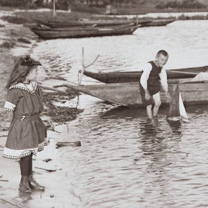 Summer Pastimes Sailboats at Water's Edge Vintage Photo Print image 1