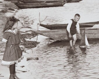 Summer Pastimes Sailboats at Water's Edge Vintage Photo Print