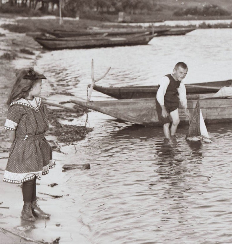 Summer Pastimes Sailboats at Water's Edge Vintage Photo Print image 1