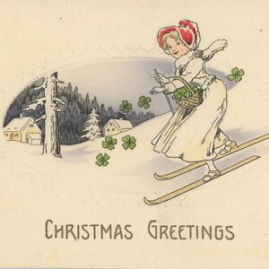 carte postale vintage Noël Salutations Femme Ski Raquette à Neige de Shamrocks 61 R