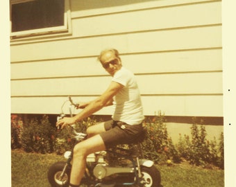 vintage photo 1968 Man Riding Mini Bike in Yard Color Snapshot 68 X