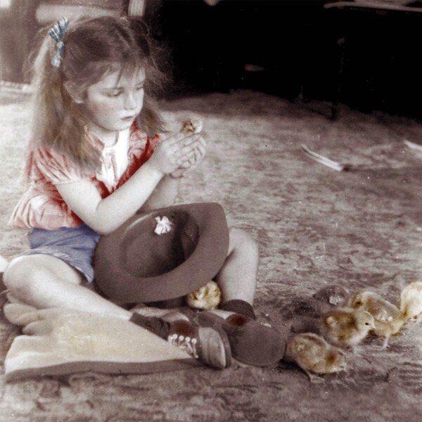 Diana with Baby Chicks on floor tinted Fine Art vintage photograph