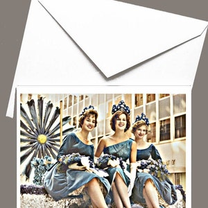 3 Beauty Queens Ride Float in NYC Parade Vintage Photo Greeting Card image 2