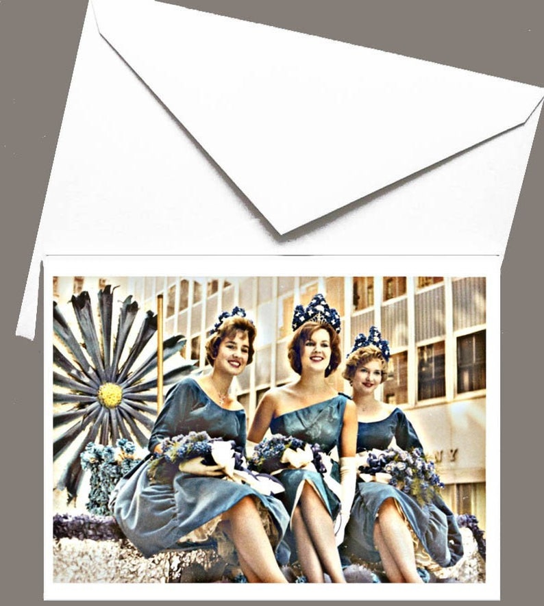 3 Beauty Queens Ride Float in NYC Parade Vintage Photo Greeting Card image 2