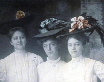 three Beauty YOung WOmen Wear Fancy HAts tinted Vintage photo