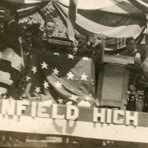 vintage photo 1920 Plainfield High School Float 4th July Teenage Boys Flag Draped Snapshot