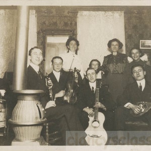 vintage photo 1920 Music Family Guitar Fiddle Violin & Guitar by Pot Belly Stove 14 K