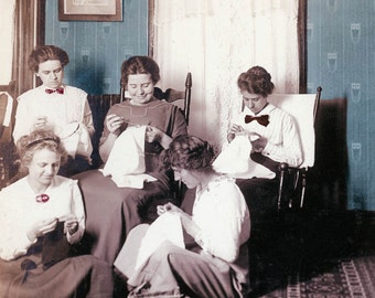 Sewing Circle Embroidery Women Sit Sewing doing Needlework 1910 Color Photography Print