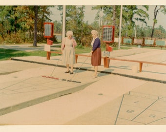 Shuffleboard Women Greeting Card mid century retro  1950s Retirement Vacation Girlfriends