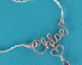 Rose Gold Wire Name Necklace or Anklet~2 Tone~Pink Gold~Heart, Cross,  Star, Flower, Peace Sign w/Swarovski Birthstone~Personalized Jewelry