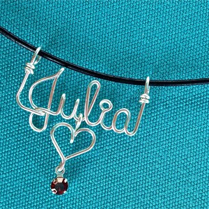 Personalized JewelrySilver Wire Name Necklace w/Heart, Cross, Star, Peace Sign or FlowerSwarovski BirthstoneBlack Leather CordAny Name image 1
