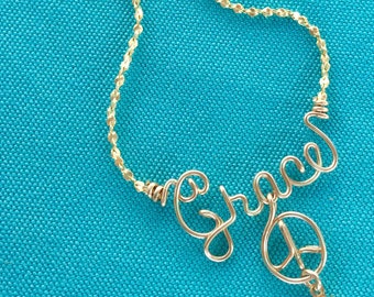 Personalized Silver, Gold, or Rose Gold Name Necklace or Anklet w/Peace Sign Charm~Swarovski Crystal~Custom Name Jewelry~Wire Name Necklace