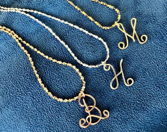 Initial Necklace~Gold, Silver or Rose Gold~Single Letter~Uppercase or Lowercase~Wire Initial~Cursive~Script~Handcrafted~Swarovski Birthstone