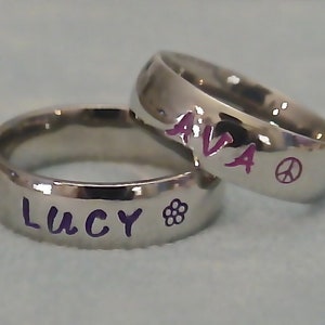 Personalized Hand Stamped Ring~Any Name Engraved~Custom Jewelry~Keepsake~Gold/Silver/Blue/Black Rings~17 Engraving Colors~27 Cute Symbols :)