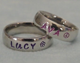 Personalized Hand Stamped Ring~Any Name Engraved~Custom Jewelry~Keepsake~Gold/Silver/Blue/Black Rings~17 Engraving Colors~27 Cute Symbols :)