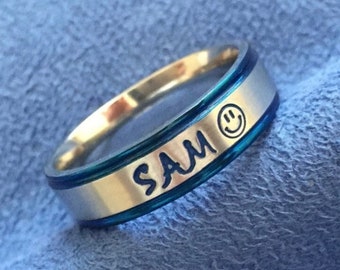 Personalized Hand Stamped Ring~Any Name or Initials~Blue Edged/Trimmed~Comfort Fit Stainless Steel~Engraved~Lots of Options to choose from