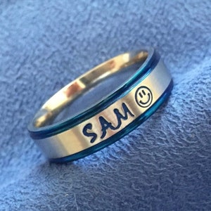 Personalized Hand Stamped Ring~Any Name or Initials~Blue Edged/Trimmed~Comfort Fit Stainless Steel~Engraved~Lots of Options to choose from