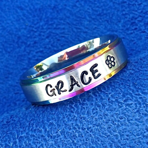 Personalized Hand Stamped/Engraved Ring~Any Name~Rainbow/Multicolor Trimmed~Comfort Fit Stainless Steel~17 Engraving Colors~27 Cute Symbols