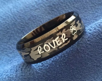 Personalized Hand Stamped Ring~Any Name~Black Camouflage~Camo Ring~Comfort Fit Stainless Steel~Engraved~Lots of Options to choose from