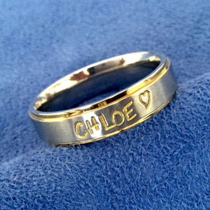 Personalized Hand Stamped/Engraved Ring~Any Name~2 Tone~Gold Edged/Trimmed~Comfort Fit Stainless Steel~17 Engraving Colors~27 Cute Symbols