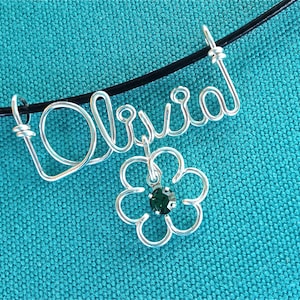 Personalized JewelrySilver Wire Name Necklace w/Heart, Cross, Star, Peace Sign or FlowerSwarovski BirthstoneBlack Leather CordAny Name image 2